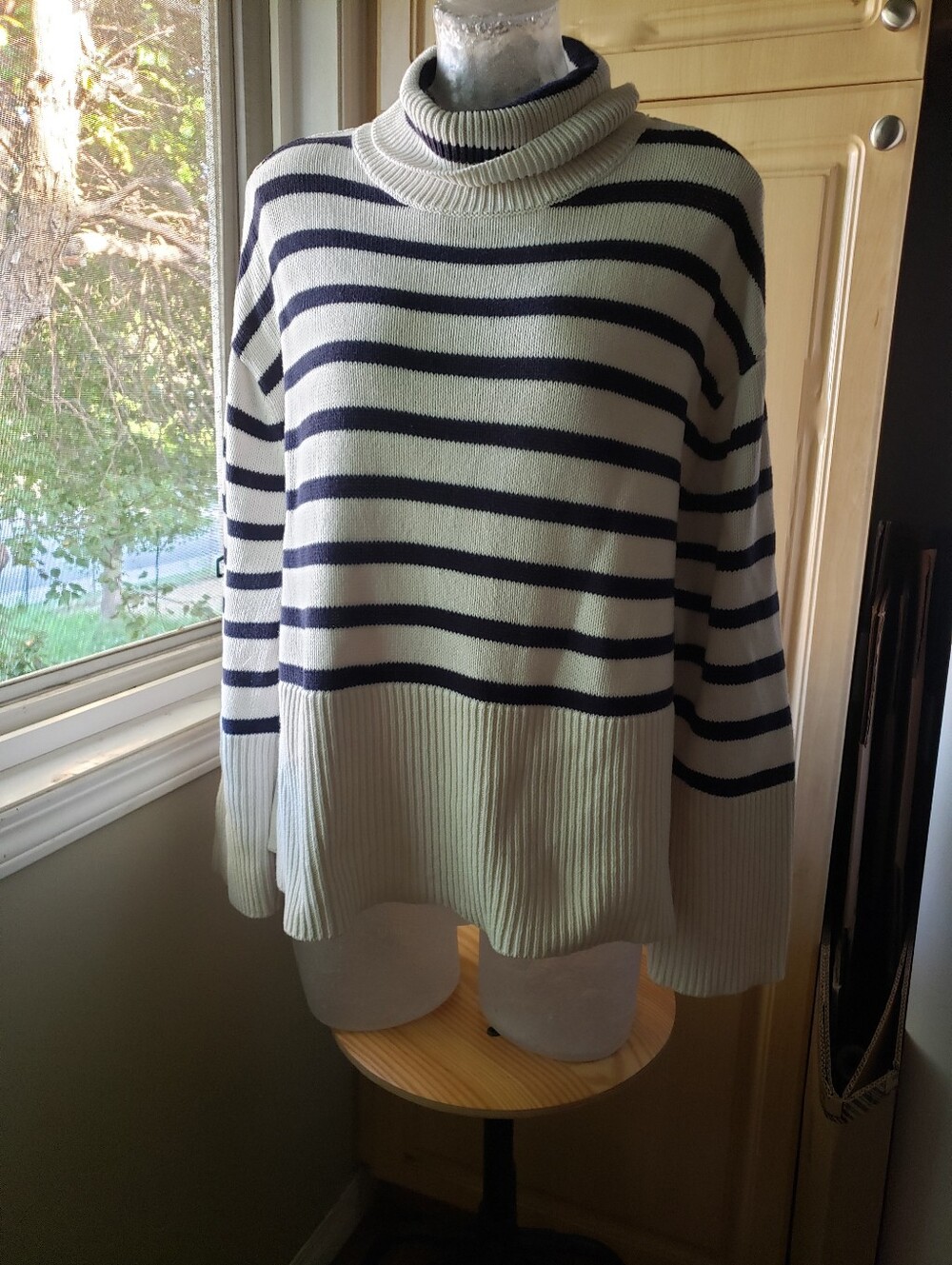 GAP Cotton Striped Oversized Cowlneck Sweater - Cream & Navy
